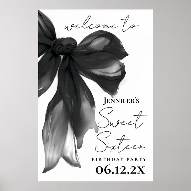 Poster Boas-vindas Black Bow Coquette Script Festa Sweet  (Frente)