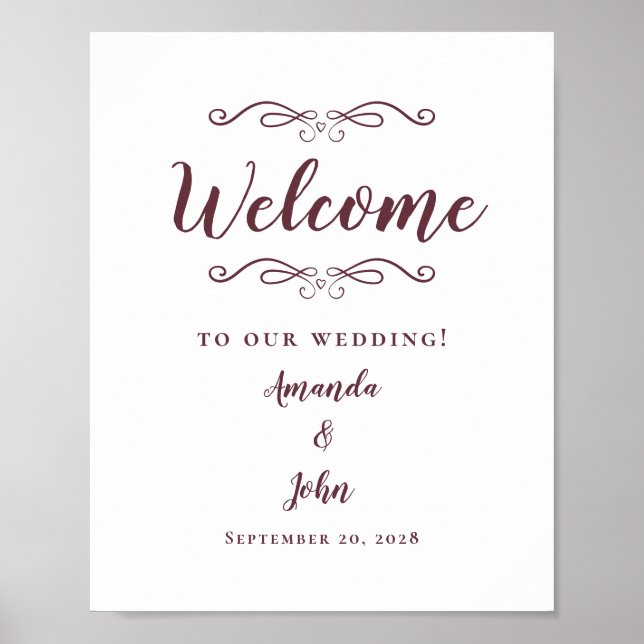 Poster Boas-vindas Casamento Elegante Chic Grafia Burgund (Frente)