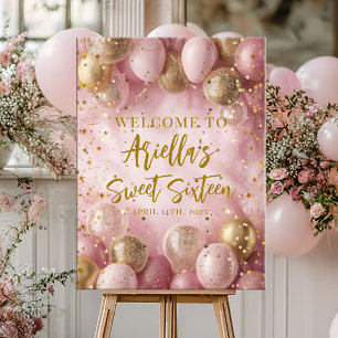 Poster Boas-vindas com balões rosa e dourados para festa