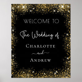 Poster Boas-vindas com brilho dourado preto para casament