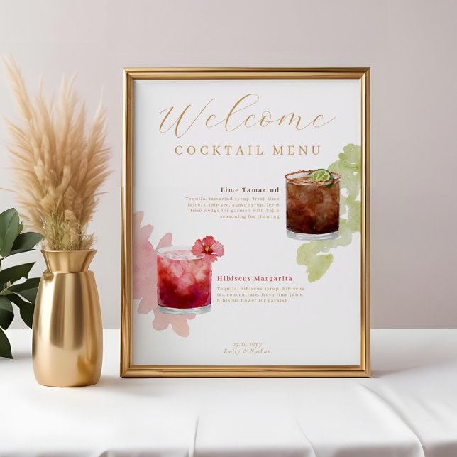 Poster Boas-vindas Coquetéis de Aquarela Menu Drink de Ca (Welcome Watercolor Cocktails Wedding Drink Menu Poster)