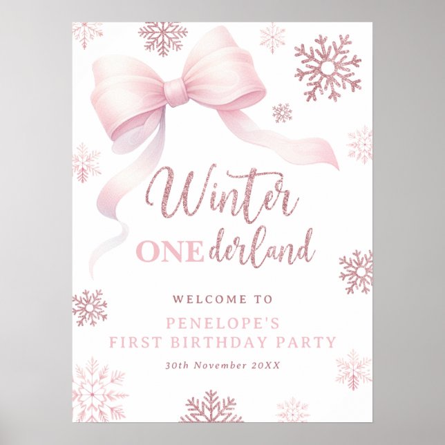 Poster Boas-vindas de 1º aniversário Rosa Winter Onederla (Frente)