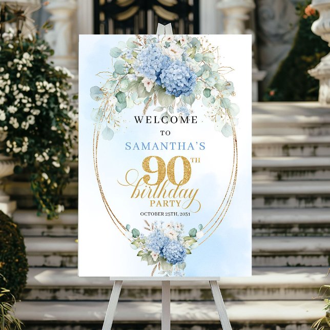 Poster Boas-vindas de 90º aniversário com Eucalipto Doura (Gold Eucalyptus Hydrangeas 90th birthday welcome)