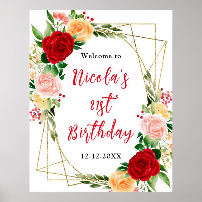Poster Boas-vindas de aniversário com rosas vermelhas e l (Frente)