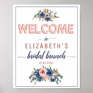 Poster Boas-vindas de Brunch Nupcial Rosa Bege Navy Flora