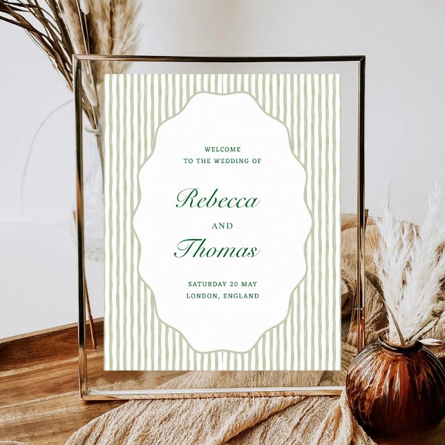 Poster Boas-vindas de casamento com listras em verde-sage (Criador carregado)