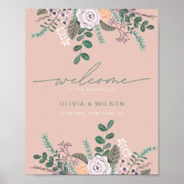 Poster Boas-vindas de casamento de eucalipto rosa floral