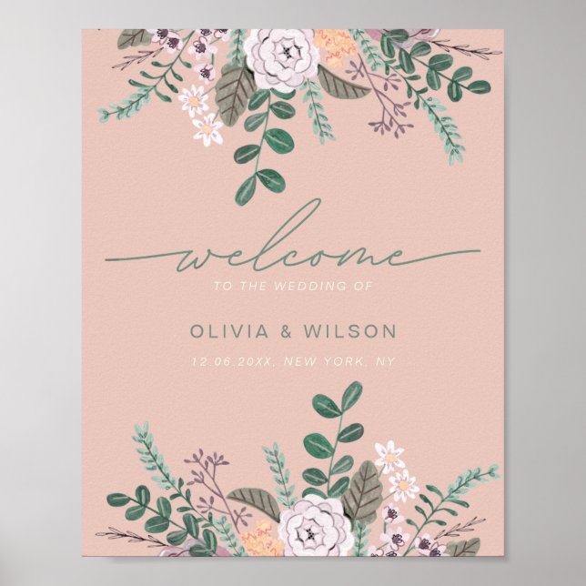 Poster Boas-vindas de casamento de eucalipto rosa floral (Frente)