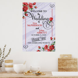 Poster Boas-vindas de casamento de rosas vermelhas florai