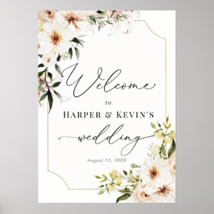 Poster Boas-vindas de casamento Elegante Verde e Florais