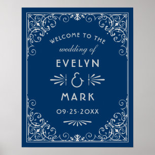 Pôster Boas-vindas de casamento em Art Déco Azul Marinho 
