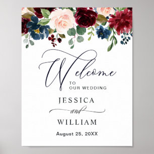Poster Boas-vindas de casamento floral Bege Azul Borgonha