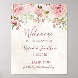 Poster Boas-vindas de casamento floral rosa vintage da pr