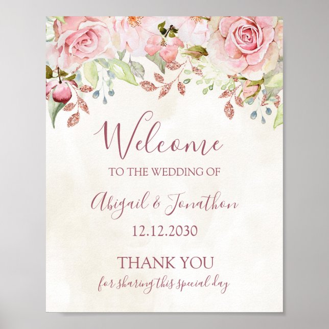 Poster Boas-vindas de casamento floral rosa vintage da pr (Frente)