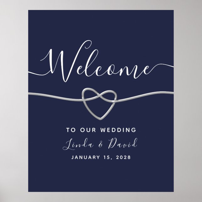 Poster Boas-vindas de casamento modernas em prata e azul- (Frente)