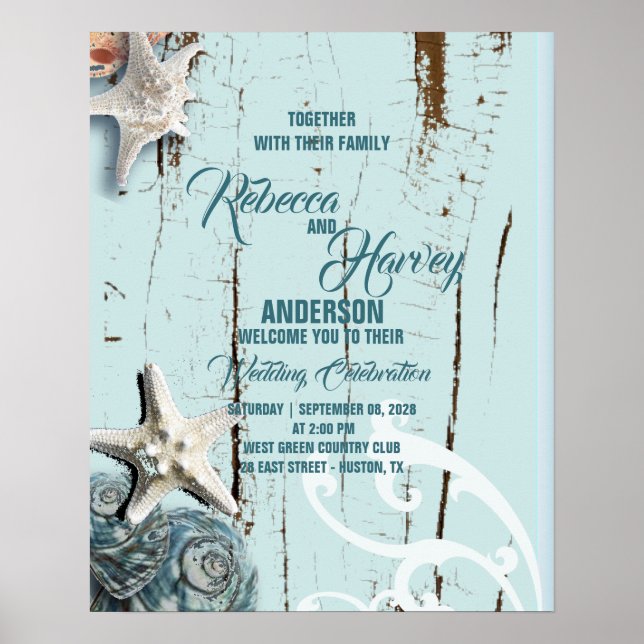 Poster boas-vindas de casamento na praia de concha azul a (Frente)