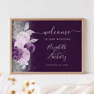 Poster Boas-vindas de Casamento Prata Floral Roxa Escura