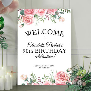 Poster Boas-vindas de festa de 90 anos elegante floral