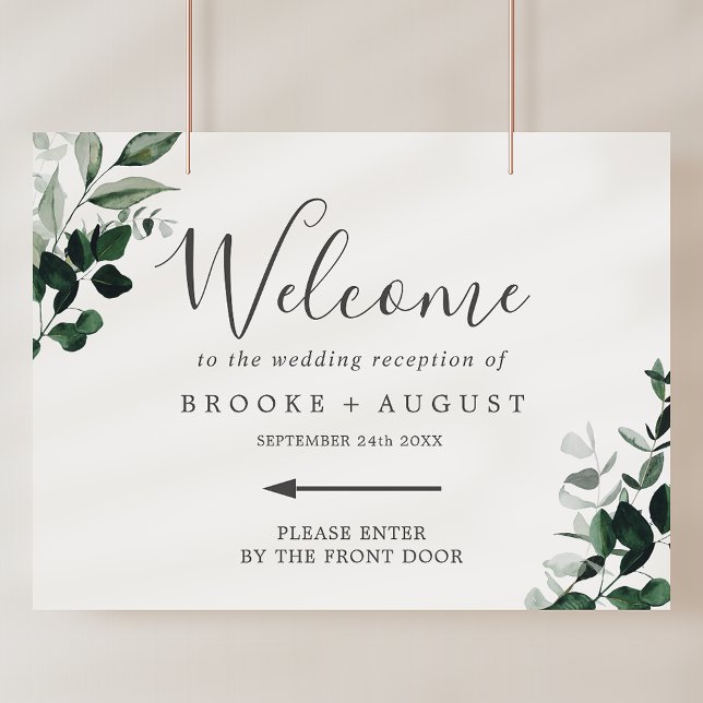 Poster Boas-vindas Direcionais de Noivado com Verde Esmer (Emerald Greenery Left Directional Wedding Welcome Poster)