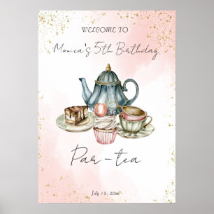 Poster Boas vindas do aniversário do Tea Party, cor-de-ro