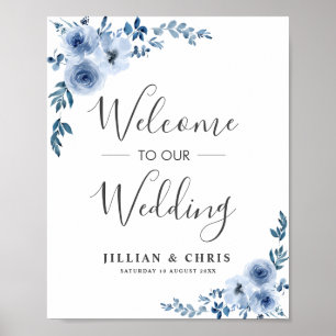Poster boas vindas do casamento floral azul empoeirado