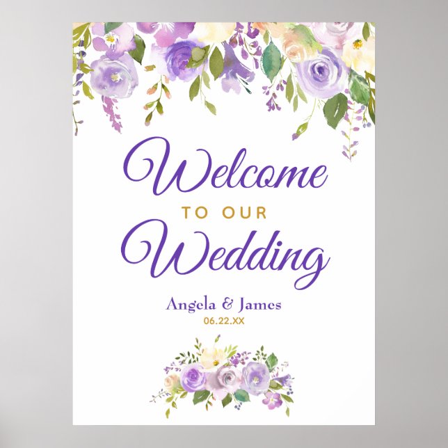 Poster Boas-vindas do Casamento Floral Dourado Roxo (Frente)