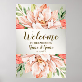 Poster Boas-vindas Festa de Casamento Flores Folhas Laran