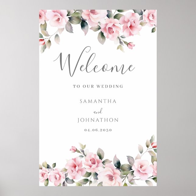 Poster Boas-vindas Florais Rosa Casamento  (Frente)