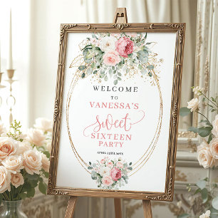 Poster Boas-vindas Florais Rosa Pastel Luxuoso para Sweet