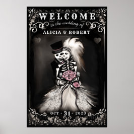 Poster Boas-vindas Halloween Skeletons Pink Floral Weding