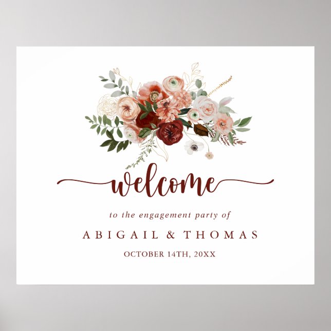 Poster Boas-vindas para festa de noivado com flores rústi (Frente)