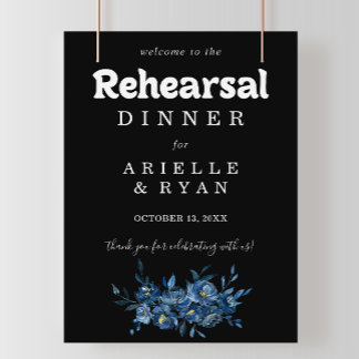 Poster Boas-vindas para Jantar de Rehearsal Floral Azul d