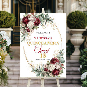Poster Boas-vindas Quinceanera florais verde dourado rubo