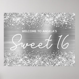 Poster Boas-vindas Sweet 16 com Brilho e Folha de Prata