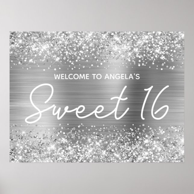 Poster Boas-vindas Sweet 16 com Brilho e Folha de Prata (Frente)