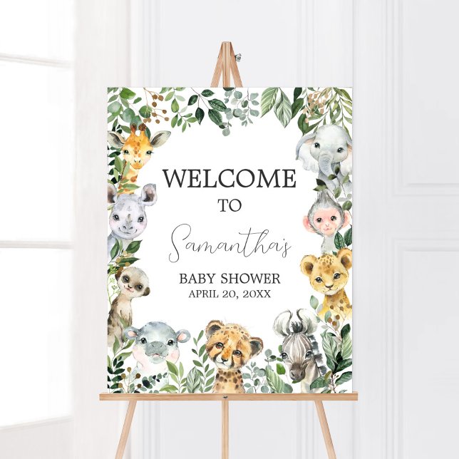 Poster Boazinha Safari Chá de fraldas bem-vindo (Greenery Safari Animals Baby Shower Welcome Sign)