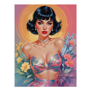 Pôster Bob Cut com Flores de Pastel Pin-Up de Bangs Brune
