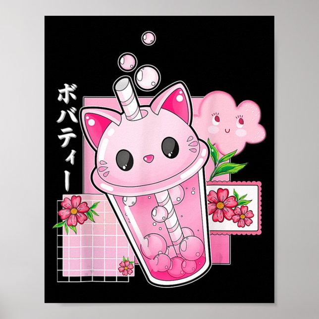Poster Boba Tea Cat Bubble Tea Kawaii Anime Japonesa (Frente)