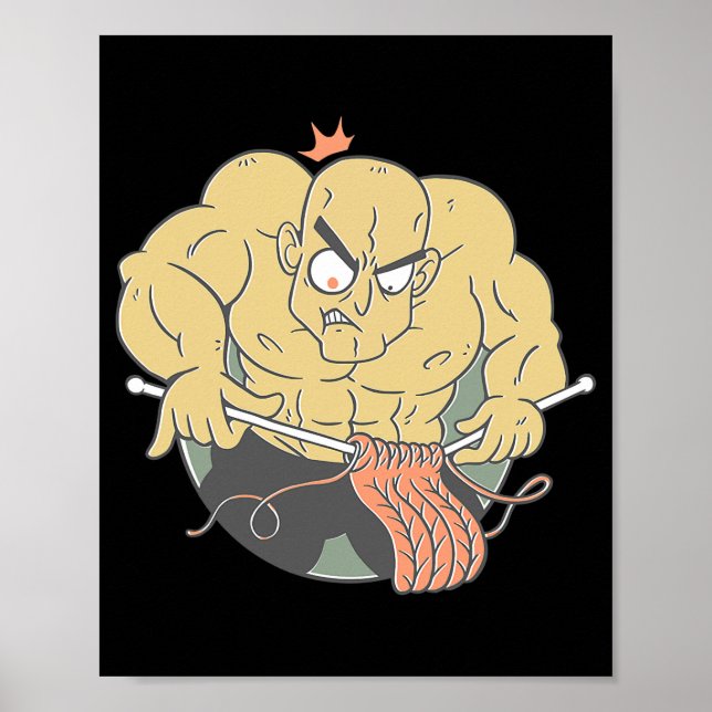 Poster Bodybuilder Man Knitting Bodybuilding Cartoon (Frente)