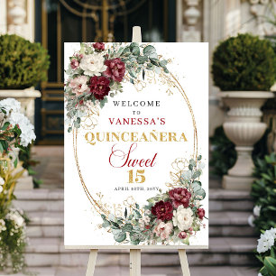 Poster Boêmia Bem-vindo Quinceanera Borgonha Verde Dourad