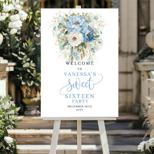 Poster Boêmicas Flores Azuis Douradas Boas-Vindas de 16 A