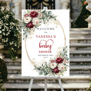 Poster Boêmio Bem-vindo ao Chá de Bebê Burgundy Floral