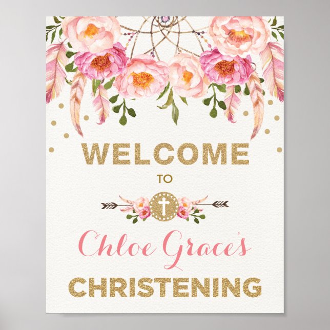 Poster Bohemian Floral Christening Pink & Dourado Welcome (Frente)