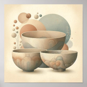 Poster Boho Abstrato Cerâmica Bowls com camadas texturiza