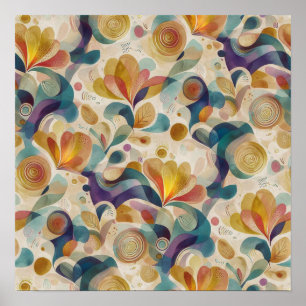 Poster Boho Abstrato Floral Redemoinho Aquarela Dourado T