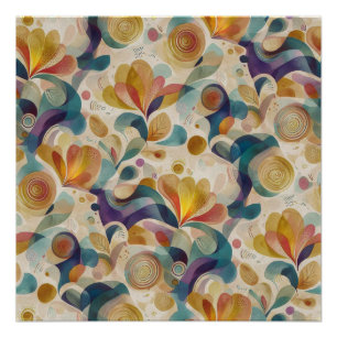 Pôster Boho Abstrato Floral Redemoinho Dourado e Azul-Ver