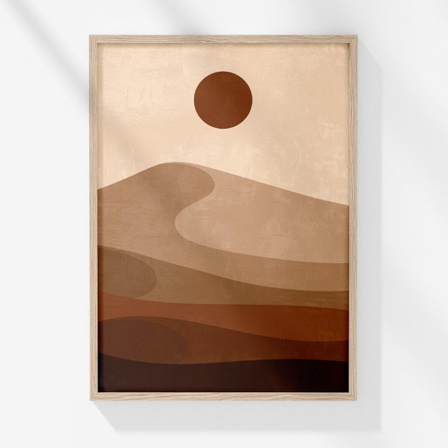 Poster Boho Abstrato Neutral Landscape Wall Art (Boho Neutral Abstract Landscape Desert Wall Art in a wooden frame on a sunny white wall.)