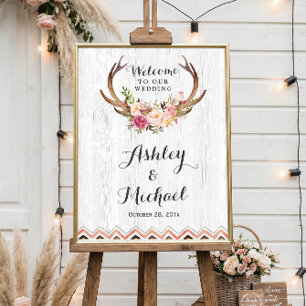 Pôster Boho Antler Floral Rustic White Wood Sinal