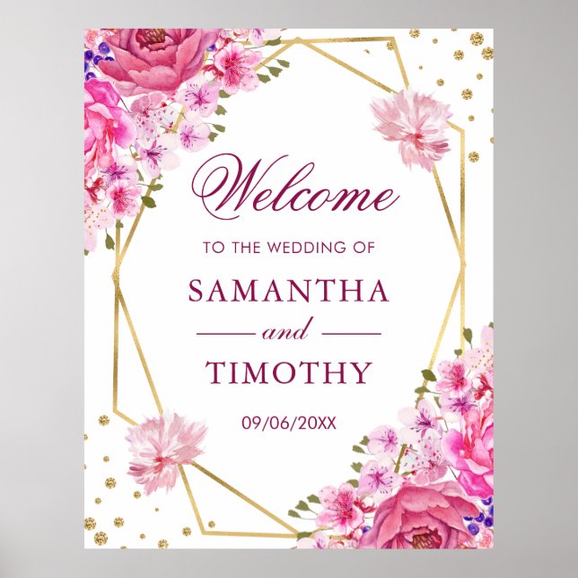 Poster Boho Aquarela Rosas Cor-de-Rosa Casamento Bem-Vind (Frente)