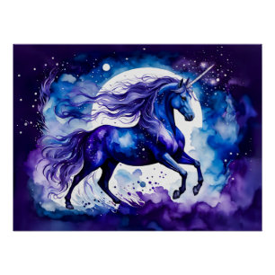 Pôster Boho Aquarela Unicórnio Azul Majestoso Sob Estrela